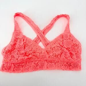 Aerie Neon Coral Floral Lace Cross Back Bralette Size L Cozy Lounge Bra